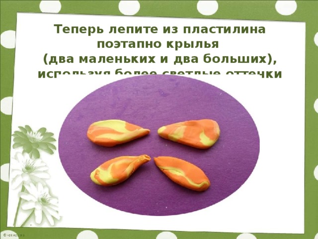 Теперь лепите из пластилина поэтапно крылья  (два маленьких и два больших), используя более светлые оттенки (желтый и оранжевый)