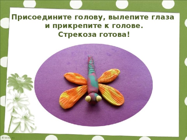 Присоедините голову, вылепите глаза  и прикрепите к голове.  Стрекоза готова!