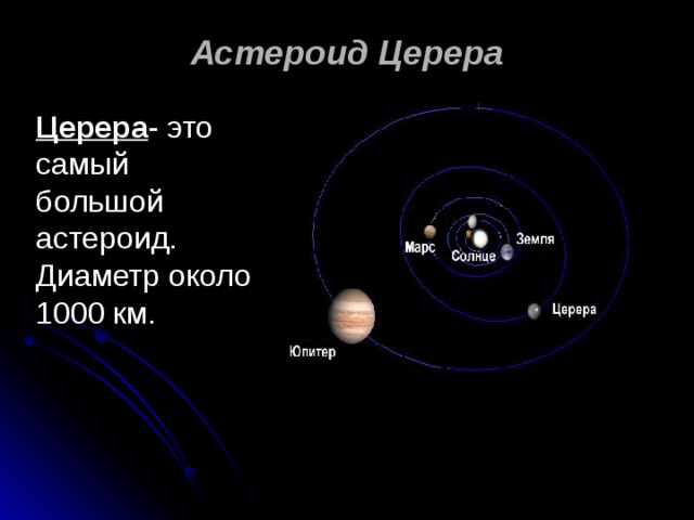 Астероид Церера Церера - это самый большой астероид. Диаметр около 1000 км.  