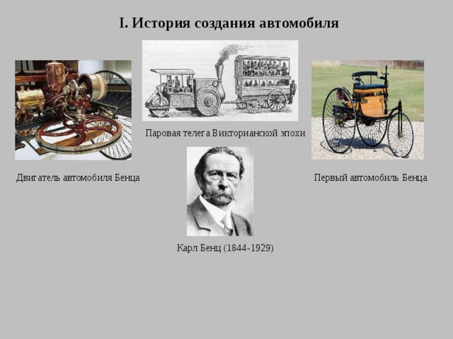 I. История создания автомобиля Паровая телега Викторианской эпохи Первый автомобиль Бенца Двигатель автомобиля Бенца Карл Бенц (1844-1929) 