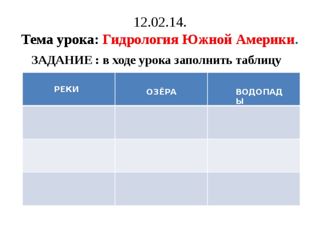 12.02.14.  Тема урока: Гидрология Южной Америки .  ЗАДАНИЕ : в ходе урока заполнить таблицу РЕКИ ОЗЁРА ВОДОПАДЫ 