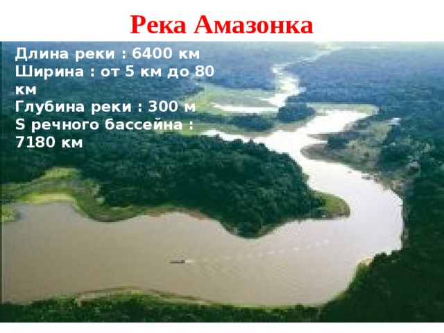 Река Амазонка Длина реки : 6400 км Ширина : от 5 км до 80 км Глубина реки : 300 м S речного бассейна :7180 км 