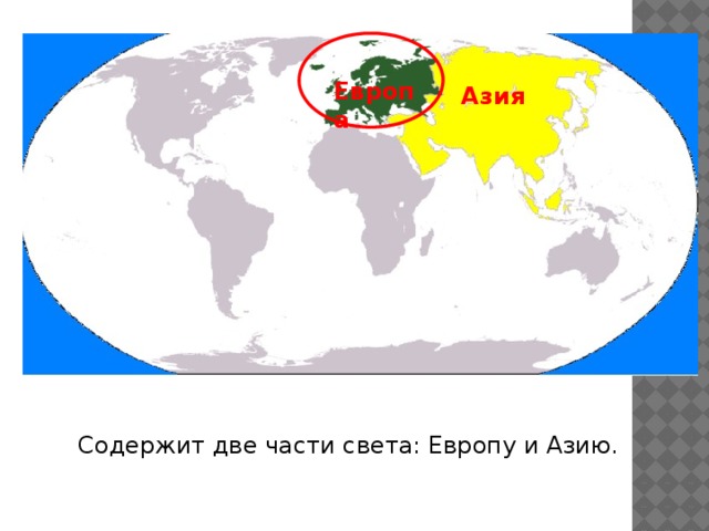 Европа Азия  Содержит две части света: Европу и Азию. 