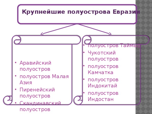 Крупнейшие полуострова Евразии полуостров Таймыр Чукотский полуостров полуостров Камчатка полуостров Индокитай полуостров Индостан Аравийский полуостров полуостров Малая Азия Пиренейский полуостров Скандинавский полуостров 