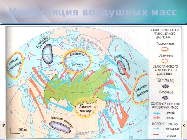 Циркуляция воздушных масс Россия находится в зоне действия трех систем постоянных ветров: западных с Атлантики, муссонов с Тихого океана и северо-восточных со стороны Северного Ледовитого океана. 