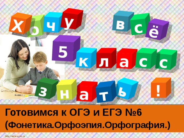 Х в о а ь ч т с з ё у н Х 5 к а с с л ! Готовимся к ОГЭ и ЕГЭ №6  ( Фонетика.Орфоэпия.Орфография.) http://aida.ucoz.ru 