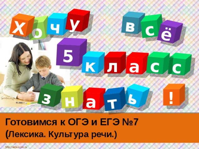 Х в о а ь ч т с з ё у н Х 5 к а с с л ! Готовимся к ОГЭ и ЕГЭ №7  ( Лексика. Культура речи.) http://aida.ucoz.ru 