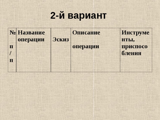 2-й вариант  № п/п Название операции  Эскиз Описание  операции Инструменты, приспособления 