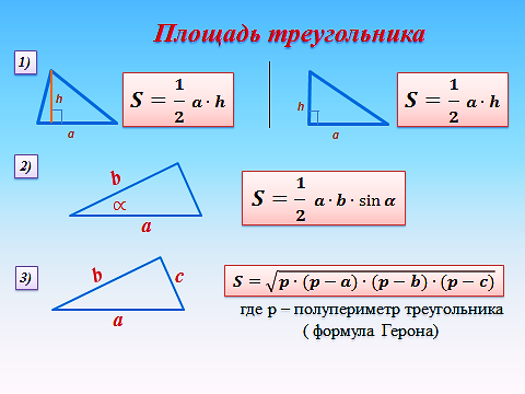 Как найти площадь треугольника по сторонам. Формулы для нахождения площади треугольника 9 класс. Формула площади треугольника через полупериметр. Площадь треугольника через полупериметр. Площадь треугольника через полупериметр и стороны.