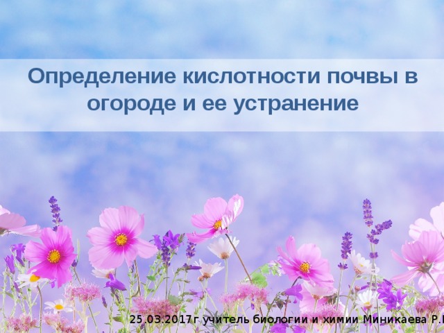 Определение кислотности почвы в огороде и ее устранение 25.03.2017г учитель биологии и химии Миникаева Р.Ш. 