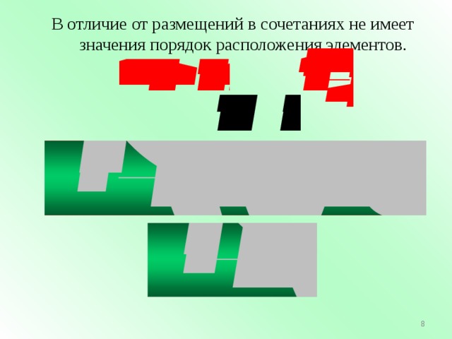 В отличие от размещений в сочетаниях не имеет значения порядок расположения элементов. 2 