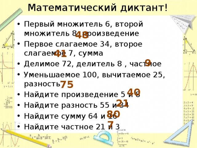 Произведение разности чисел 23 и 14. Математический диктант на компоненты. Первое слагаемое произведение. Математический диктант числовые выражения. Математический диктант первое слагаемое.