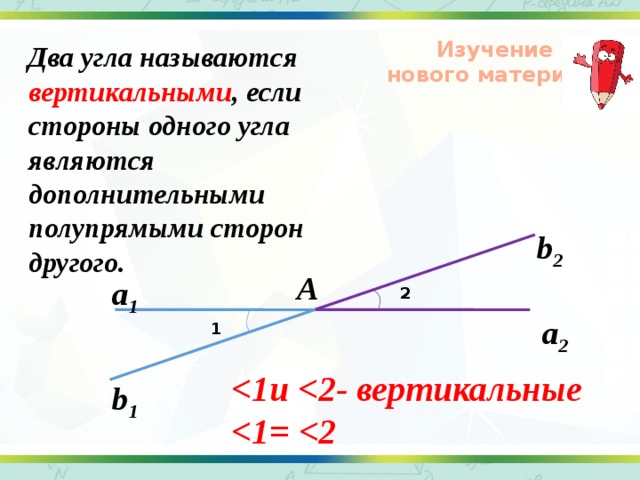 Изучение нового материала  Два угла называются вертикальными , если стороны одного угла являются дополнительными полупрямыми сторон другого. b 2 A а 1 2  а 2  1   b 1