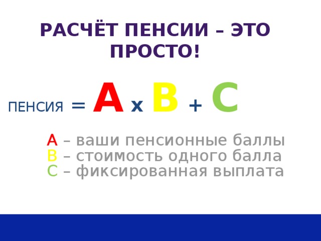 Расчёт пенсии – это просто! Пенсия = А х В + С  А – ваши пенсионные баллы  В – стоимость одного балла  С – фиксированная выплата 