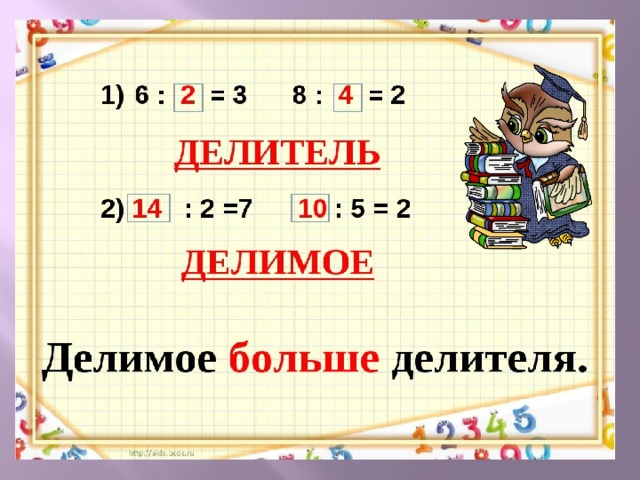 На 3 деления больше. Делитель и делимое примеры. Делимое делитель 3 класс. Деление на делитель больше делимого. Математика 2 класс делитель.