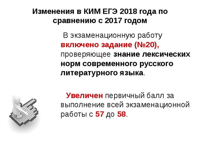 Изменения в КИМ ЕГЭ 2018 года по сравнению с 2017 годом  В экзаменационную работу включено задание (№20), проверяющее знание лексических норм современного русского литературного языка .  Увеличен первичный балл за выполнение всей экзаменационной работы с 57 до 58 . 