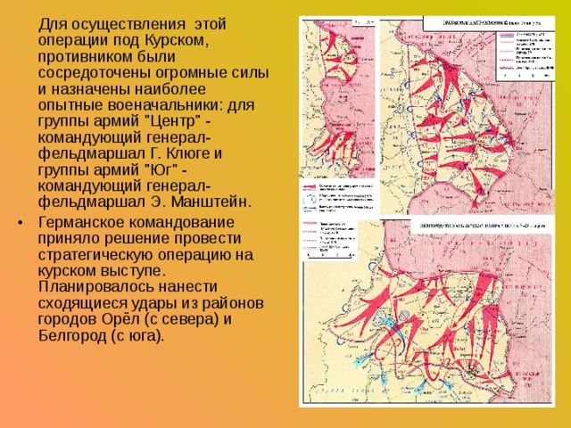  Для осуществления  этой операции под Курском, противником были сосредоточены огромные силы и назначены наиболее опытные военачальники: для группы армий 