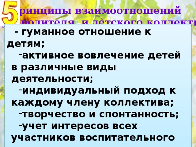 Принципы взаимоотношений кл.руководителя и детского коллектива: - гуманное отношение к детям; активное вовлечение детей в различные виды деятельности; индивидуальный подход к каждому члену коллектива; творчество и спонтанность; учет интересов всех участников воспитательного процесса. 