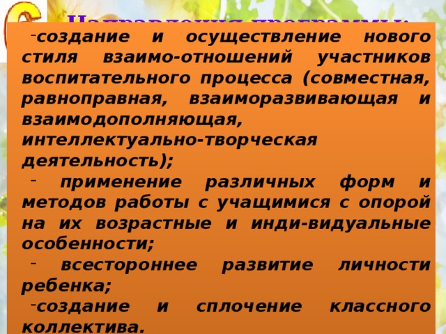 Направления программы: создание и осуществление нового стиля взаимо-отношений участников воспитательного процесса (совместная, равноправная, взаиморазвивающая и взаимодополняющая, интеллектуально-творческая деятельность);  применение различных форм и методов работы с учащимися с опорой на их возрастные и инди-видуальные особенности;  всестороннее развитие личности ребенка; создание и сплочение классного коллектива. 
