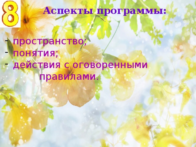Аспекты программы:  пространство;  понятия;  действия с оговоренными  правилами. 