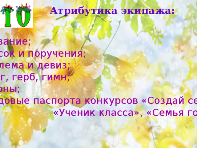 Атрибутика экипажа:  название;  список и поручения;  эмблема и девиз;  флаг, герб, гимн;  законы;  трудовые паспорта конкурсов «Создай себя»,  «Ученик класса», «Семья года». 