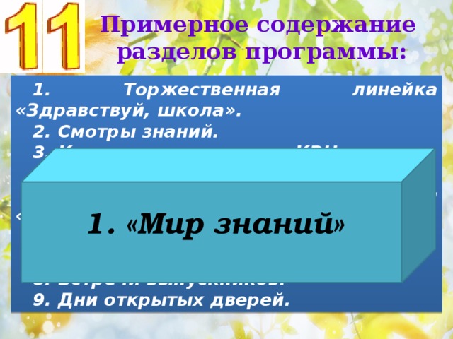 Примерное содержание разделов программы: 1. Торжественная линейка «Здравствуй, школа». 2. Смотры знаний. 3. Конкурсы, викторины, КВН. 4. Олимпиады. 5. Торжественная линейка «Последний звонок». 6. Предметные недели. 7. Я - ученик! 8. Встречи выпускников. 9. Дни открытых дверей. 1. «Мир знаний» 