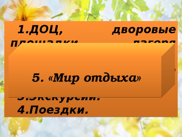 ДОЦ, дворовые площадки, лагеря дневного пребывания. Занятия по интересам. Экскурсии. Поездки. 5. «Мир отдыха» 