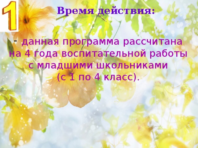 Время действия:  данная программа рассчитана на 4 года воспитательной работы с младшими школьниками (с 1 по 4 класс). 