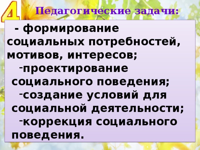Педагогические задачи: - формирование социальных потребностей, мотивов, интересов; проектирование социального поведения; создание условий для социальной деятельности; коррекция социального поведения. 