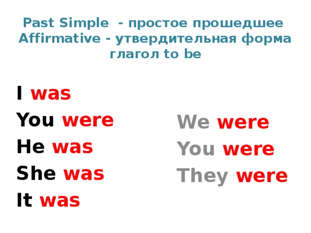 Past Simple - простое прошедшее  Affirmative - утвердительная форма  глагол to be I was We were You were You were He was They were She was It was 