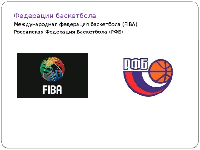 Федерации баскетбола Международная федерация баскетбола (FIBA) Российская Федерация Баскетбола (РФБ) 