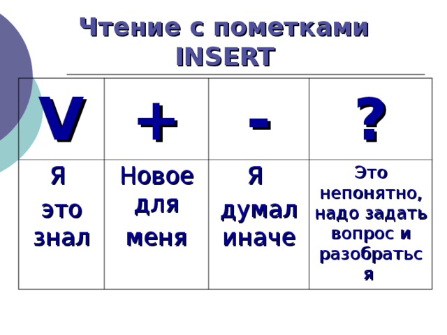 Чтение с пометками INSERT V + Я это знал Новое для меня - ? Я думал иначе Это непонятно, надо задать вопрос и разобраться