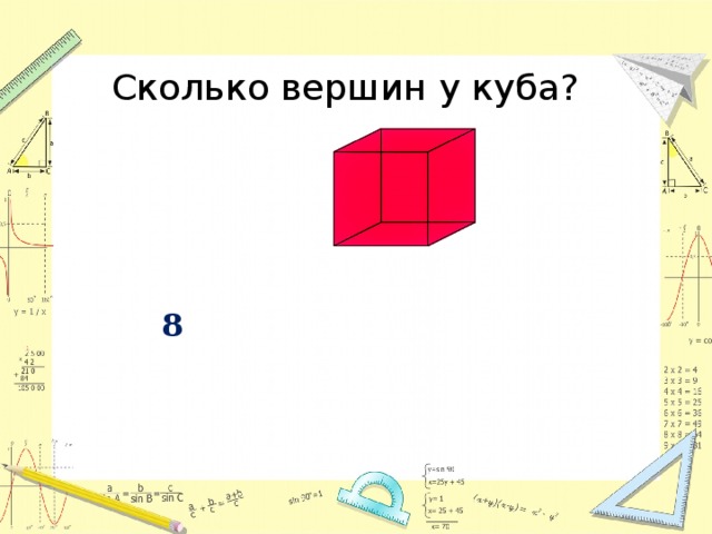 Сколько вершин у куба? 8 