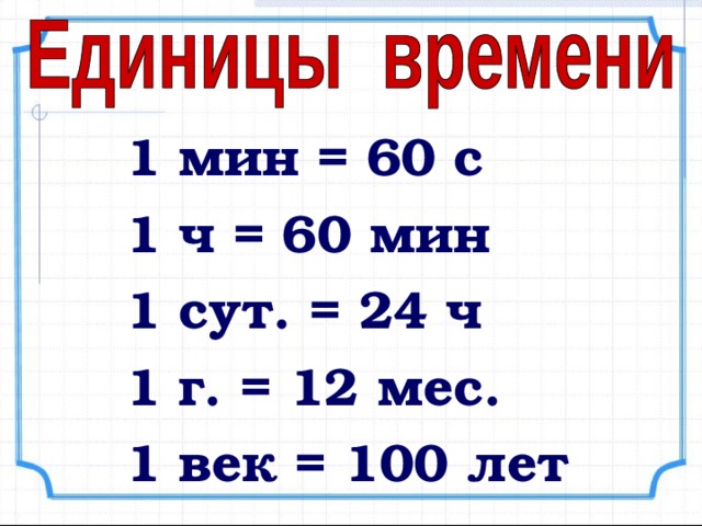 1 мин = 60 с 1 ч = 60 мин 1 сут. = 24 ч 1 г. = 12 мес. 1 век = 100 лет 