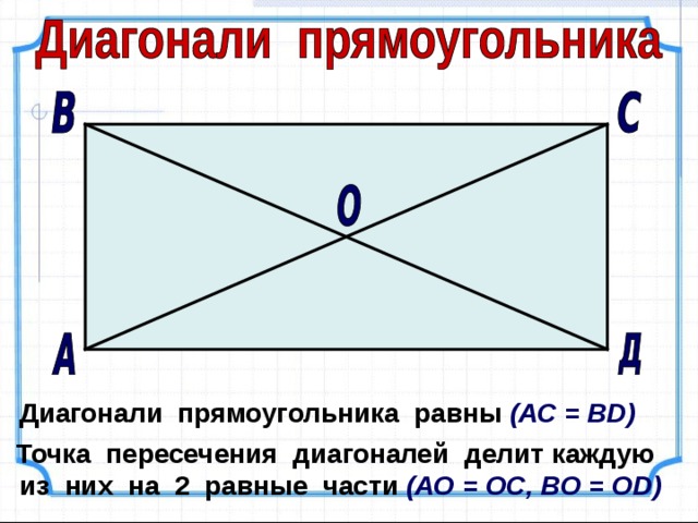  Диагонали прямоугольника равны (АС = В D )  Точка пересечения диагоналей делит каждую из них на 2 равные части (АО = ОС, ВО = О D ) 