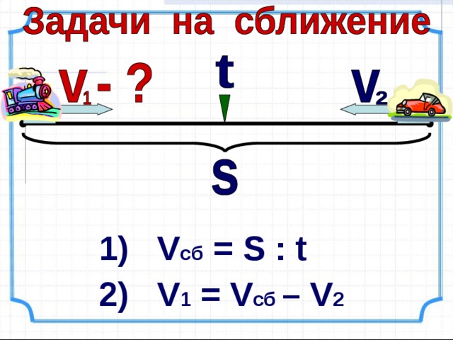1) V c б = S : t 2)  V 1 = V сб  – V 2 