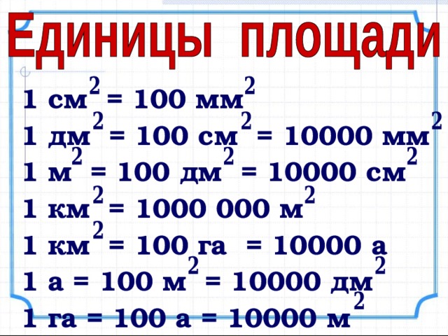 1 см = 100 мм 1 дм = 100 см = 10000 мм 1 м = 100 дм = 10000 см 1 км = 1000 000 м 1 км = 100 га = 10000 а 1 а = 100 м = 10000 дм 1 га = 100 а = 10000 м 