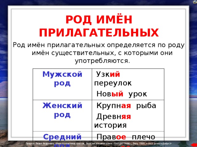 РОД ИМЁН ПРИЛАГАТЕЛЬНЫХ Род имён прилагательных определяется по роду имён существительных, с которыми они употребляются. Мужской род Женский род  Узк ий  переулок  Нов ый  урок Средний род  Крупн ая рыба  Древн яя  история  Прав ое  плечо  Красн ое солнце 