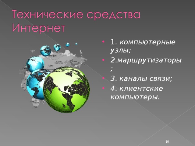 1 . компьютерные узлы; 2.маршрутизаторы; 3. каналы связи; 4. клиентские компьютеры.   