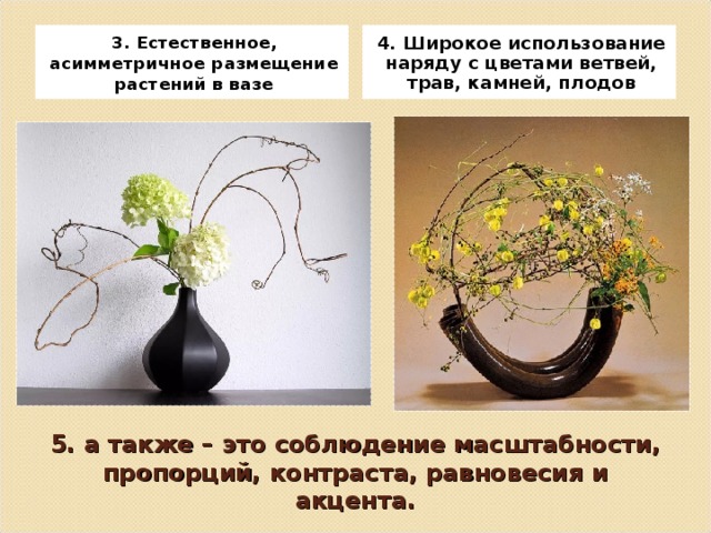 4. Широкое использование наряду с цветами ветвей, трав, камней, плодов 3. Естественное, асимметричное размещение растений в вазе 5. а также – это соблюдение масштабности, пропорций, контраста, равновесия и акцента. 