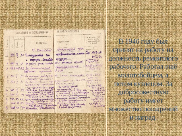 В 1946 году был принят на работу на должность ремонтного рабочего. Работал ещё молотобойцем, а потом кузнецом. За добросовестную работу имеет множество поощрений и наград.