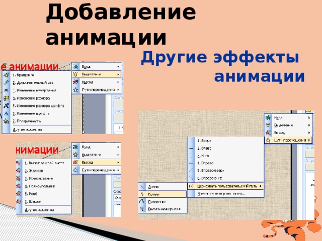 Добавление анимации Другие эффекты  анимации 