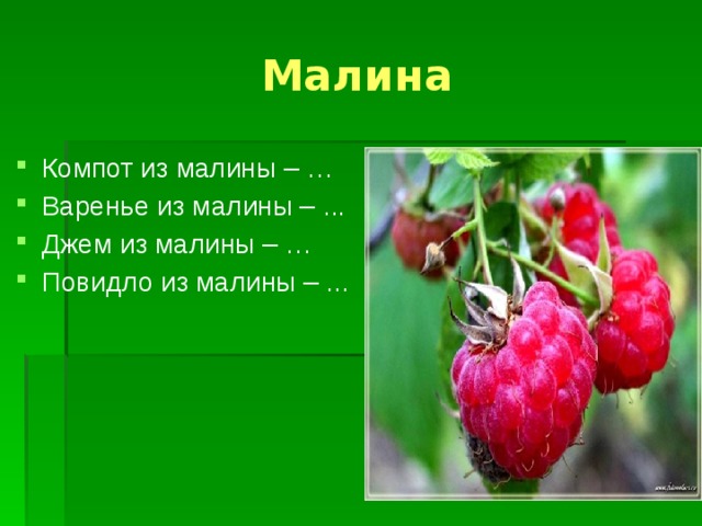 Малина Компот из малины – … Варенье из малины – ... Джем из малины – … Повидло из малины – ... 