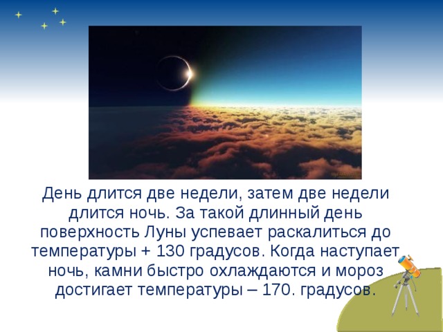 День длится две недели, затем две недели длится ночь. За такой длинный день поверхность Луны успевает раскалиться до температуры + 130 градусов. Когда наступает ночь, камни быстро охлаждаются и мороз достигает температуры – 170. градусов. 