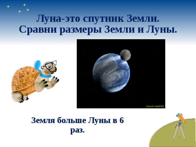 Луна-это спутник Земли. Сравни размеры Земли и Луны. Земля больше Луны в 6 раз. 