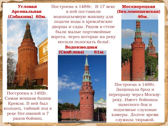 Угловая Арсенальная (Собакина) 60м. Москворецкая Построена в 1488г. В 17 веке в ней поставили водоподъемную машину для подачи воды в кремлёвские дворцы и сады. Рядом в стене были малые портомойные ворота, через которые на реку носили полоскать бельё. (Беклемишевская) 46м. Водовзводная (Свиблова) 61м. Построена в 1488г. Защищала брод и переправу через Москву-реку. Имеет бойницы навесного боя и подземные слуховые камеры. Долгое время служила тюрьмой. Построена в 1492г. Самая мощная башня Кремля. В ней был колодец, тайный ход к реке Неглинной и 7 рядов бойниц.