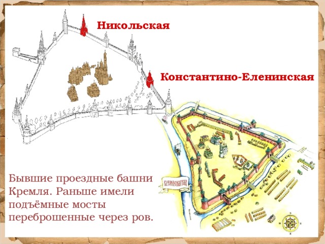 Никольская Константино-Еленинская Бывшие проездные башни Кремля. Раньше имели подъёмные мосты переброшенные через ров.