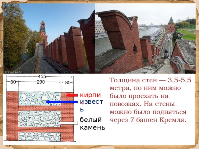 Толщина стен — 3,5-5,5 метра, по ним можно было проехать на повозках. На стены можно было подняться через 7 башен Кремля. кирпич известь белый камень