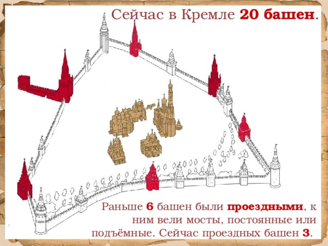 Сейчас в Кремле 20 башен . Раньше 6 башен были проездными , к ним вели мосты, постоянные или подъёмные. Сейчас проездных башен 3 .
