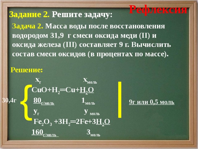 Рефлексия Задание 2 . Решите задачу:  Задача 2. Масса воды после восстановления водородом 31,9 г смеси оксида меди (II) и оксида железа (II I ) составляет 9 г. Вычислить состав смеси оксидов (в процентах по массе). Решение:   х г х моль   С uO+H 2 ═Cu+ H 2 O  80 г/моль  1 моль  у г у моль  Fe 2 O 3 + 3 H 2 ═ 2 Fe+ 3 H 2 O  160 г/моль  3 моль    | {  30,4г 9 г  или 0,5 моль 